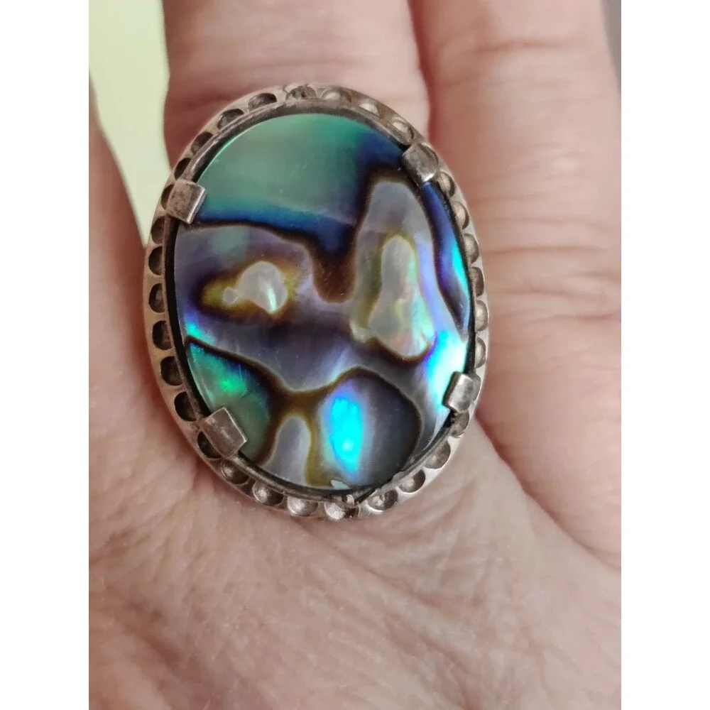 Vintage Coin Silver Abalone Statement Ring Great Details Sz 8